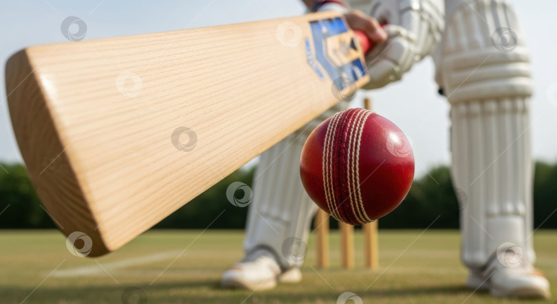 Скачать Игрок в крикет мужского пола в стойке для отбивания мяча с битой и красным мячом в фокусе на поле для крикета. фотосток Ozero