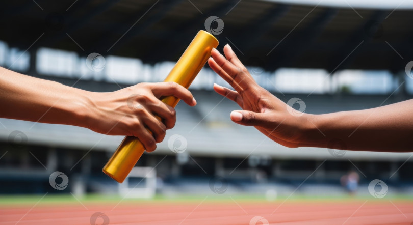 Скачать Две женщины обмениваются золотой эстафетной палочкой во время эстафеты на треке. фотосток Ozero