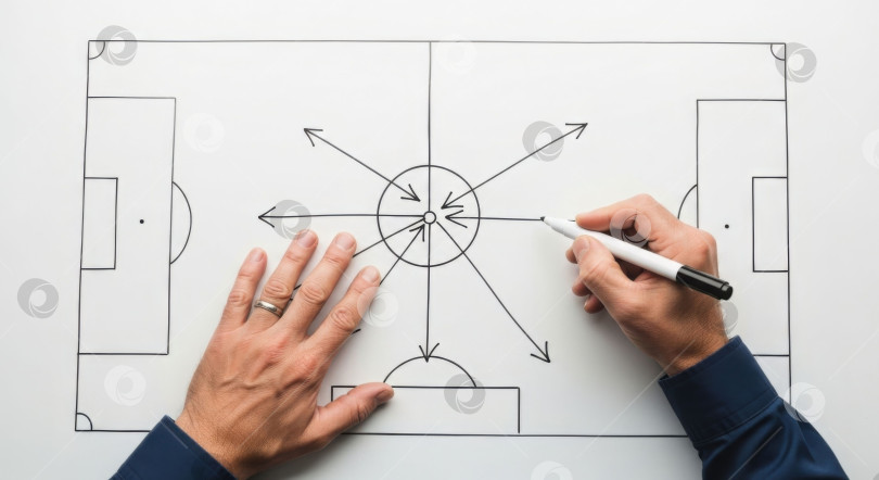 Скачать Рука мужчины рисует футбольную стратегию на доске. Схема тактического построения футболистов со стрелками. фотосток Ozero