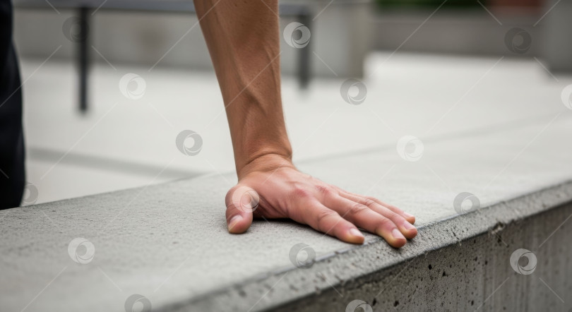 Скачать Мужчина с сильной рукой на бетонном барьере. Мужская рука, демонстрирующая силу и крепкое здоровье. фотосток Ozero