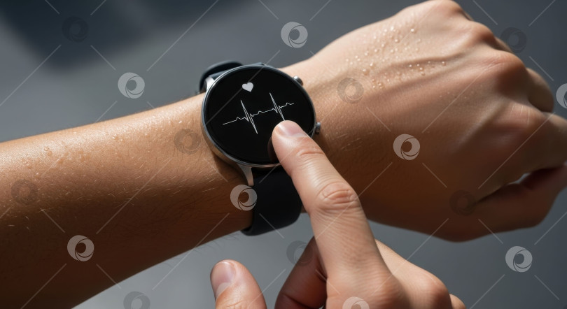 Скачать На руке человека надеты умные часы с графиком сердечного ритма на экране фотосток Ozero