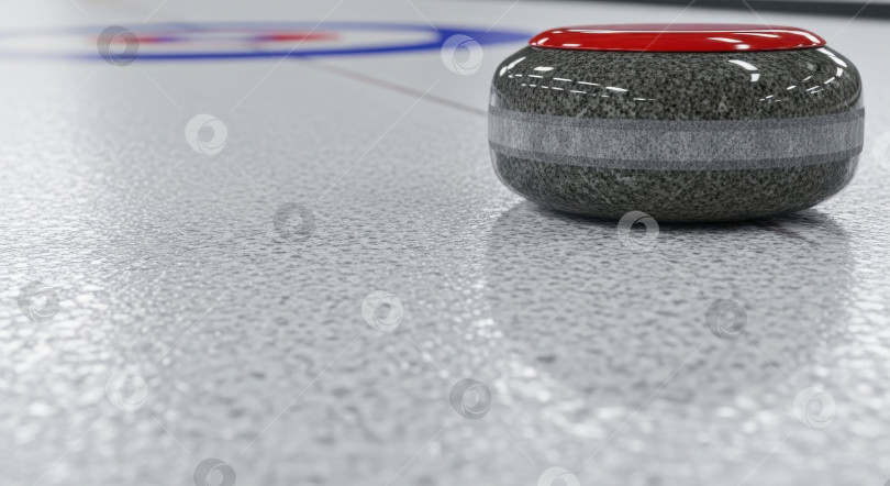 Скачать Камень для керлинга на льду крупным планом с фокусировкой на камне и доме-мишени на заднем плане. фотосток Ozero