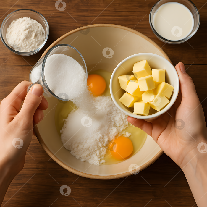 Скачать Приготовление теста с яйцами, маслом и сахаром фотосток Ozero