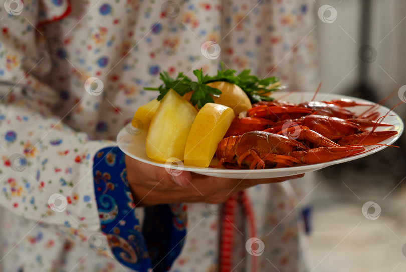 Скачать фаршированная щука, вареные раки с мочеными яблоками в ресторанной обстановке, деликатесы фотосток Ozero