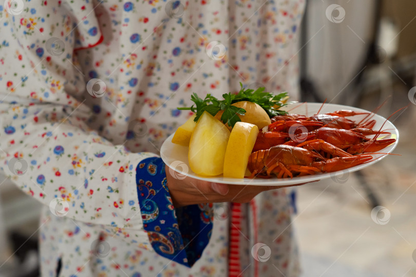 Скачать фаршированная щука, вареные раки с мочеными яблоками в ресторанной обстановке, деликатесы фотосток Ozero