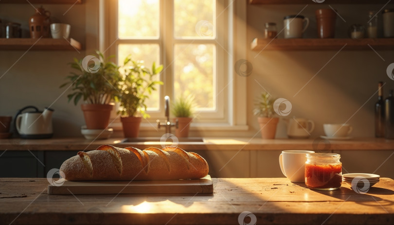 Скачать Солнечное утро на кухне с хлебом и джемом фотосток Ozero