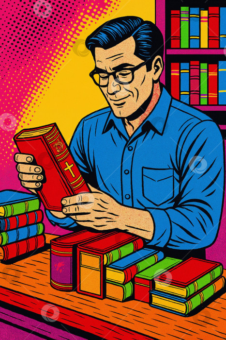 Скачать Мужчина с книгой в библиотеке, поп-арт стиль фотосток Ozero