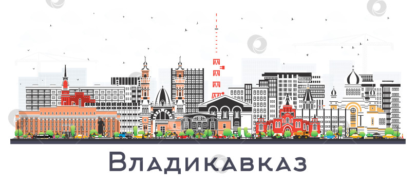 Скачать Владикавказ. Россия. Городской пейзаж с цветными зданиями, изолированными на белом фоне. Панорама Владикавказа с достопримечательностями. Концепция путешествий и туризма. фотосток Ozero