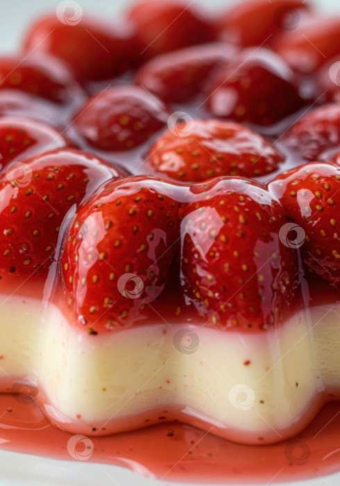 Скачать Вкусный клубничный десерт бланманже со сладким соусом на белом фоне. фотосток Ozero