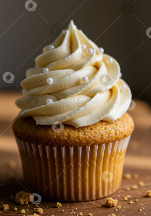 Скачать Ванильный кекс с кремовой глазурью и посыпкой на деревянную поверхность, фотосток Ozero