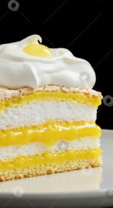 Скачать Ломтик лимонного торта с безе, слоеным безе и ярко-желтой начинкой, покрытый взбитыми сливками и лимонным творогом фотосток Ozero