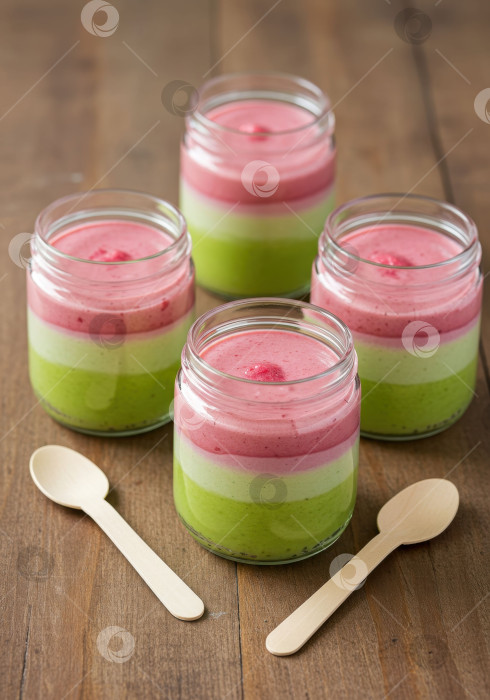 Скачать Четыре разноцветных многослойных десертных баночки с отдельными ложечками, фотосток Ozero