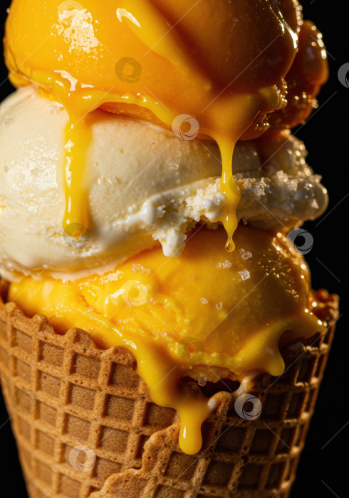 Скачать Три порции вкуснейшего мороженого в вафельном рожке, тающего в желтом сиропе. фотосток Ozero