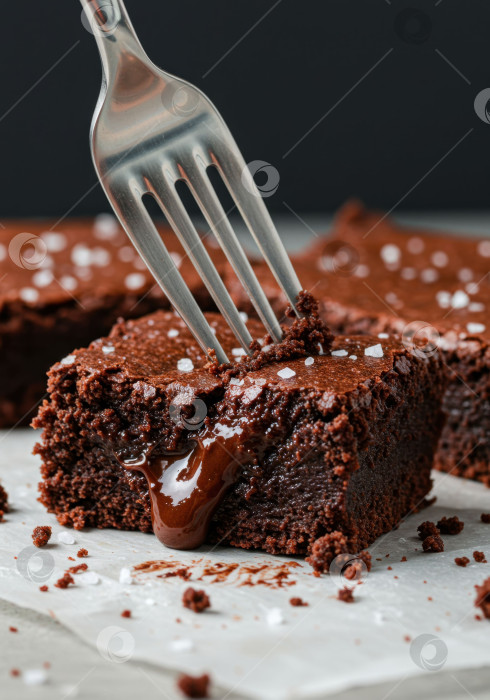 Скачать Разомните вилкой пышный брауни из темного шоколада с расплавленной сердцевиной и хлопьями морской соли. фотосток Ozero