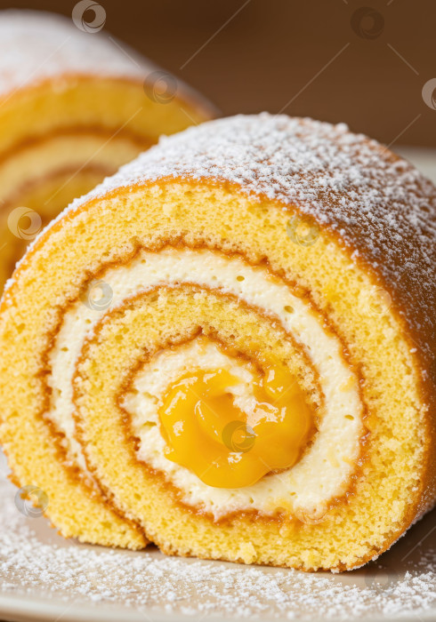 Скачать Швейцарский рулет крупным планом с аппетитной спиралью из бисквита, крема и фруктовой начинки., фотосток Ozero