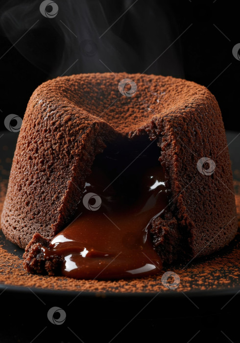 Скачать Дымящийся шоколадно-лавовый торт с растаявшим жидким шоколадом, вытекающим из его центра, - изысканный десерт фотосток Ozero