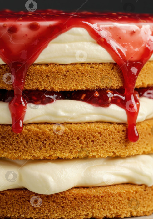 Скачать Крупный план бисквитного торта с малиновым джемом, стекающим с верхнего слоя. фотосток Ozero