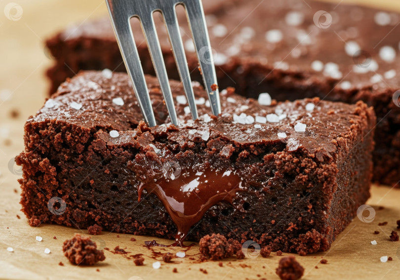 Скачать Разомните вилкой пышный брауни из темного шоколада с тающей серединкой и морской солью. фотосток Ozero