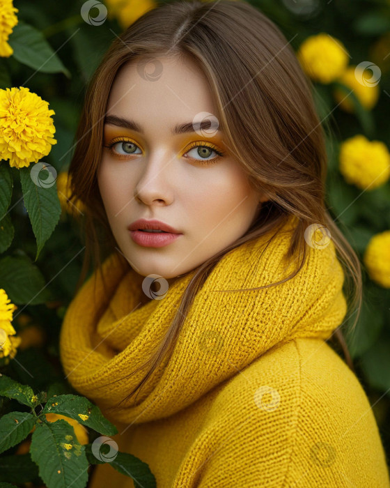 Скачать Девушка в жёлтом среди жёлтых цветов фотосток Ozero