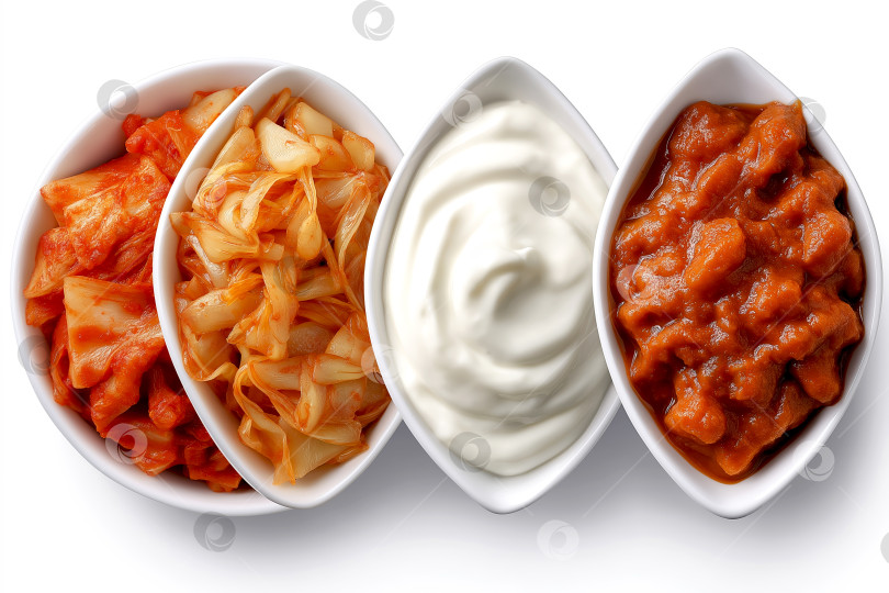 Скачать Миски с кимчи, квашеной капустой, йогуртом и мисо на белом фоне, символизирующие продукты, богатые пробиотиками, для улучшения пищеварения, для брендов продуктов питания, блогов о здоровом образе жизни, диетологов, производителей ферментированных продуктов фотосток Ozero