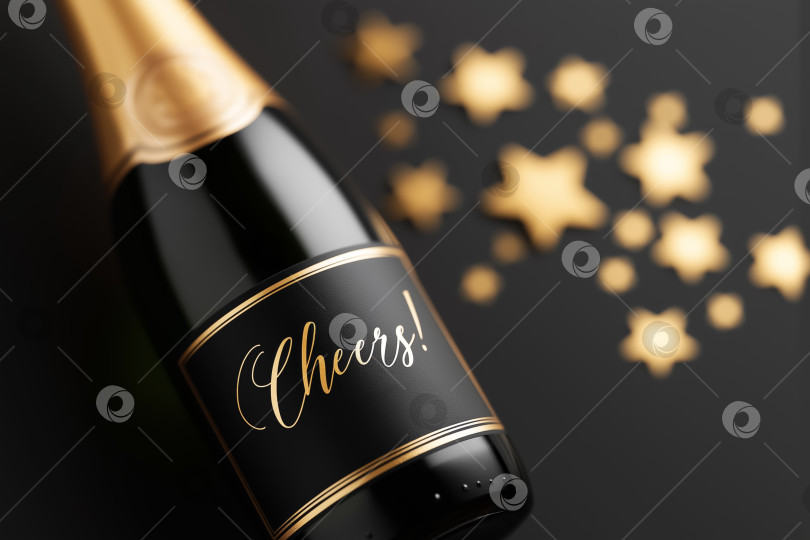 Скачать Элегантная бутылка шампанского с золотой фольгой и надписью Cheers идеально подходит для роскошных торжеств, мероприятий и праздничных рекламных акций, роскошных брендов, компаний, производящих напитки, организаторов свадеб, индустрии гостеприимства. фотосток Ozero