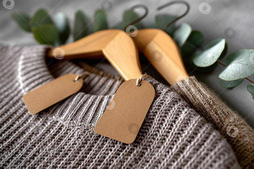 Скачать Устойчивая и экологичная мода flat lay: нейтральный трикотаж, органические этикетки, деревянные вешалки и эвкалипт, мягкий натуральный фон для модных брендов, розничный маркетинг, электронная коммерция фотосток Ozero