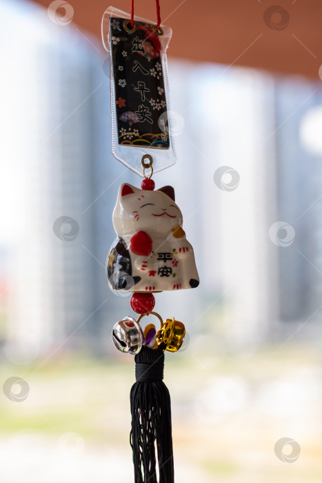 Скачать Пушистый белый кот, игриво висящий на веревочке с надписью фотосток Ozero