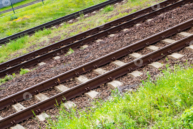 Скачать Крупным планом изношенные железнодорожные пути с растущей на них травой фотосток Ozero