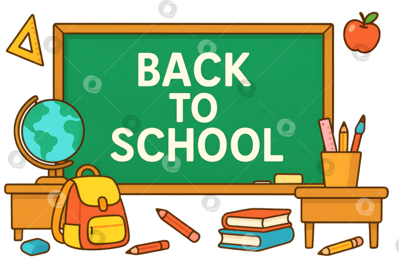 Скачать Тема "Назад в школу" с классной доской и канцелярскими принадлежностями на прозрачном фоне фотосток Ozero