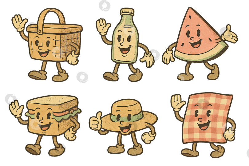 Скачать Винтажные талисманы на тему пикника, в том числе корзинка, бутылка и арбуз. Выделенные на прозрачном фоне фотосток Ozero