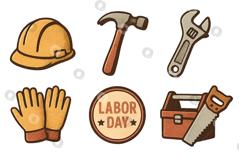 Скачать Набор значков Дня труда с инструментами и шлемом, изолированный png на прозрачном фоне фотосток Ozero