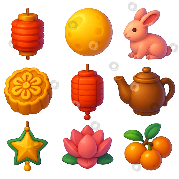 Скачать Набор иконок фестиваля середины осени с изображением фонарей, луны, кролика, чайника, апельсинов. Выделенные на прозрачном фоне фотосток Ozero