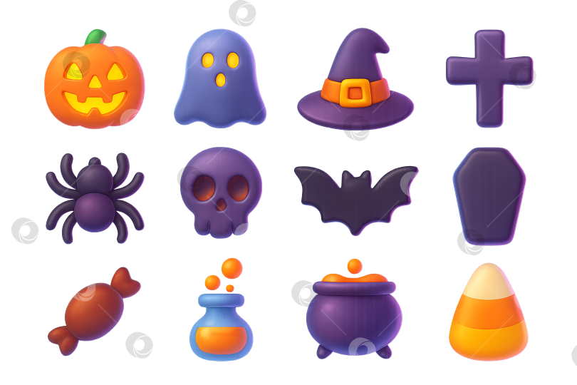 Скачать Набор изолированных значков на Хэллоуин с изображением тыквы, призрака и шляпы ведьмы фотосток Ozero
