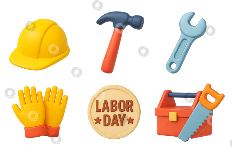 Скачать Набор значков Дня труда с изображением инструментов и снаряжения, выделенных на прозрачном фоне фотосток Ozero
