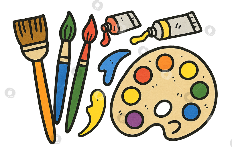 Скачать Иллюстрации для художественных принадлежностей с кистями и палитрой, изолированные, "назад в школу" фотосток Ozero