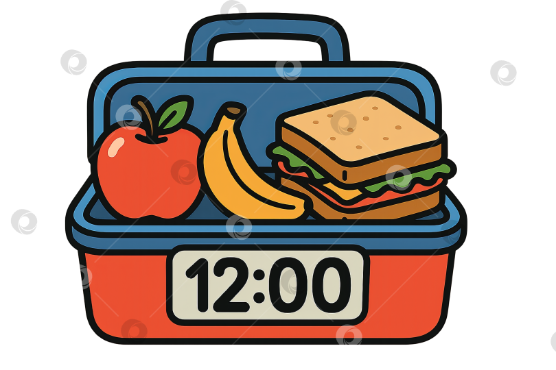 Скачать Ланчбокс "Назад в школу" с яблоком, бананом и сэндвичем, выполненный в стиле анимированной иллюстрации. Изолированный на прозрачном фоне фотосток Ozero
