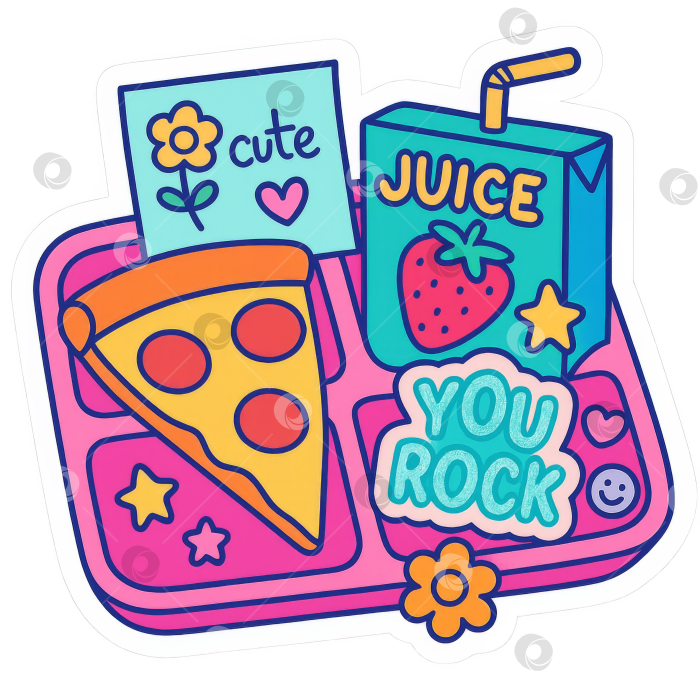 Скачать Максималистский дизайн Back to school с красочными блюдами для ланча и мотивационными заметками. Выделено на прозрачном фоне фотосток Ozero