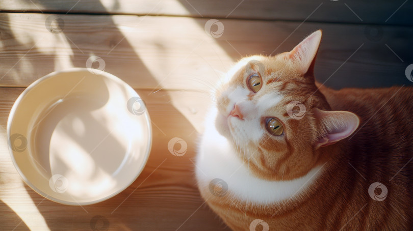 Скачать Кошка смотрит на пустую миску на уютной кровати, олицетворяя концепцию голода фотосток Ozero