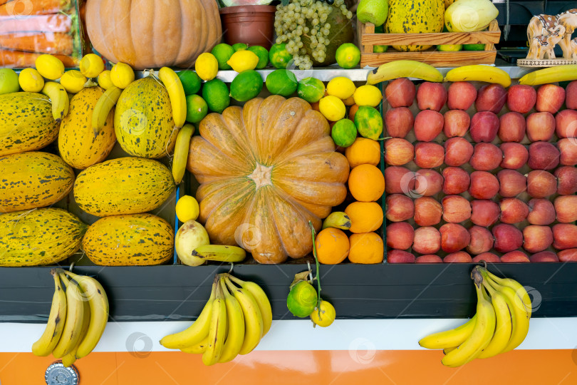Скачать Стол, полный фруктов, включая яблоки, бананы, апельсины и тыквы фотосток Ozero