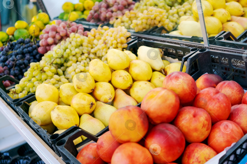 Скачать Фруктовый киоск с разнообразными фруктами, включая яблоки, апельсины и груши фотосток Ozero