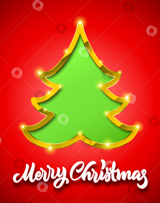 Скачать Красная открытка "Счастливого Рождества" с каллиграфической надписью от руки и зеленой елочкой с золотой каймой, тенями и блестками. фотосток Ozero