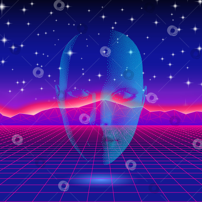 Скачать Силуэт блестящей головы в стиле ретро-волны на фоне неонового пейзажа фотосток Ozero