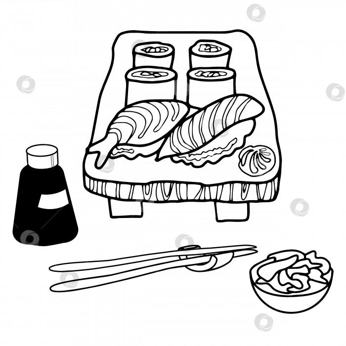 Скачать Набор значков для суши и роллов Line. Векторная иллюстрация с каракулями. фотосток Ozero