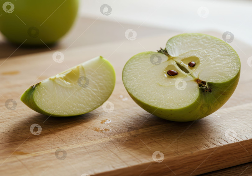 Скачать На деревянной доске рядом с ломтиками лежит зеленое яблоко, очищенное от косточек. Приготовление здоровой пищи на основе натуральных продуктов для здорового образа жизни и повседневной домашней кулинарии. фотосток Ozero