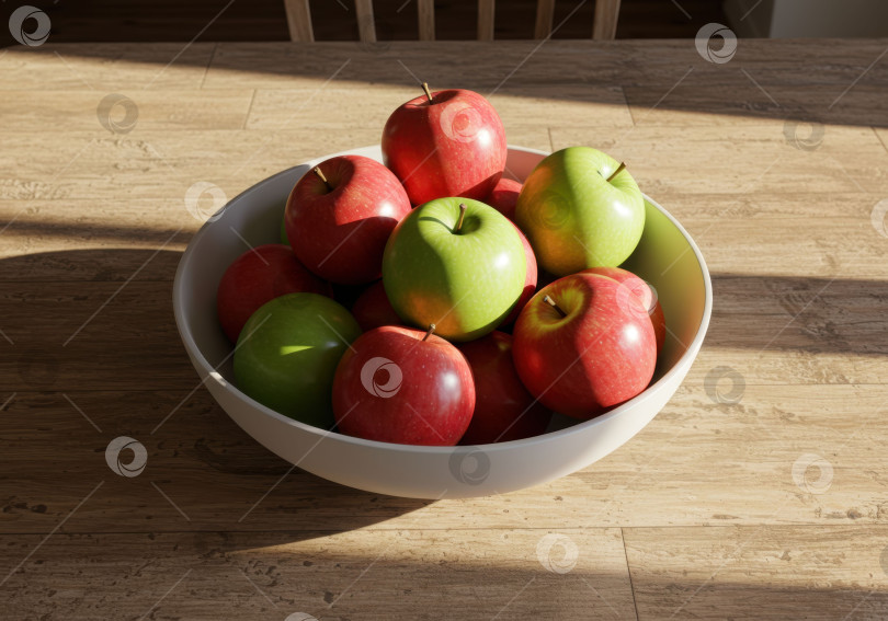 Скачать Миска со свежими красными и зелеными яблоками на деревянной поверхности стола. Концепция здорового питания, натуральные продукты, повседневный натюрморт, домашняя рутина, здоровый простой образ жизни. фотосток Ozero
