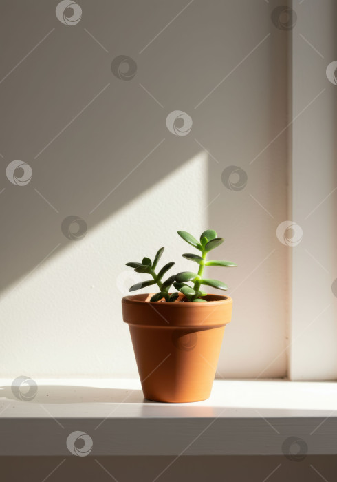 Скачать Маленькое комнатное растение из зеленого нефрита в глиняном горшке на белой полке подоконника. Домашний натюрморт, залитый солнцем. Повседневная сцена из естественного света и тени. фотосток Ozero