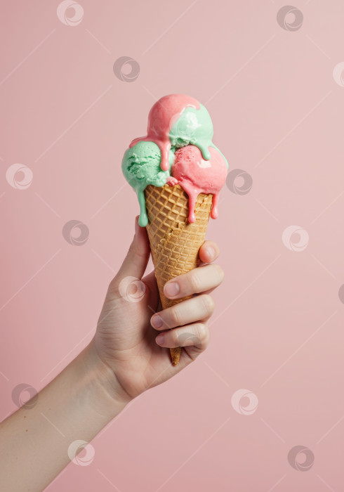 Скачать Человек держит в руках тающий рожок мороженого с розовыми и зелеными шариками. Освежающее летнее лакомство. Сладкая закуска на каждый день для послеобеденного отдыха и простой концепции натюрморта. фотосток Ozero