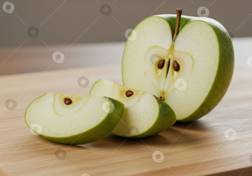 Скачать На разделочной доске из натурального дерева двумя свежими дольками нарежьте зеленое яблоко с зернышками и текстурой. Натюрморт по приготовлению простых ингредиентов для здорового питания. фотосток Ozero