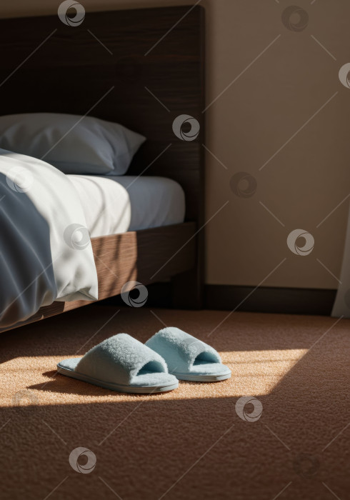 Скачать Пара мягких пушистых тапочек стоит на ковре у освещенной солнцем кровати. Натюрморт, изображающий тихую утреннюю рутину и домашний уют. Обычная сцена повседневной жизни с мягким теплым освещением. фотосток Ozero