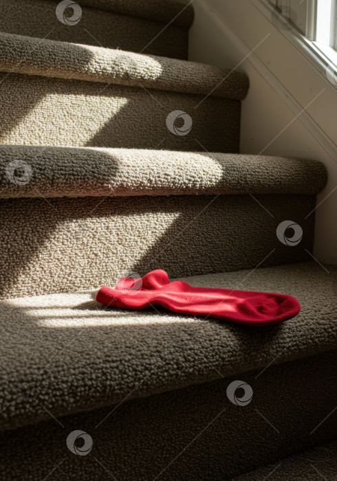 Скачать Красный носок лежит на застеленной ковром лестнице, освещенный солнечным светом, льющимся через окно. Предмет "Ежедневная утерянная стирка" изображает домашнюю жизнь и рутину, концепцию натюрморта. фотосток Ozero